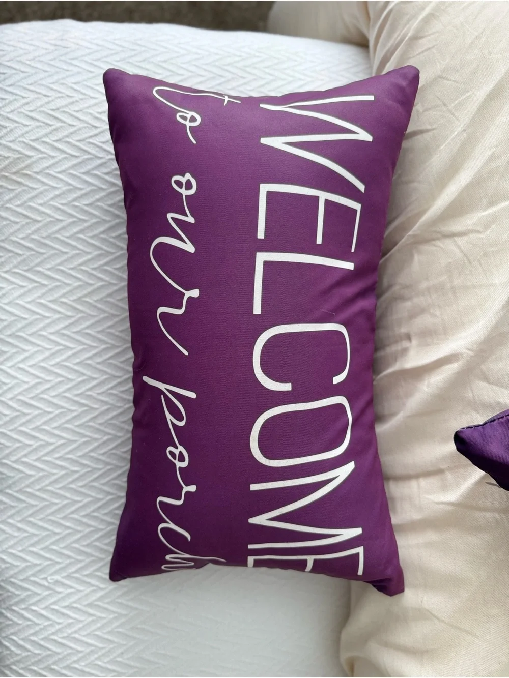 SET OF 2 ‘Welcome to Our Porch’ 20” Navy Blue & White Outdoor Pillows & Covers